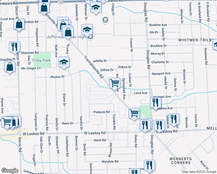 map of restaurants, bars, coffee shops, grocery stores, and more near 2748 Tremainsville Road in Toledo