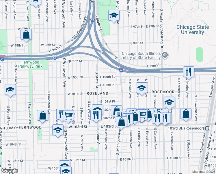 map of restaurants, bars, coffee shops, grocery stores, and more near 30 East 100th Place in Chicago