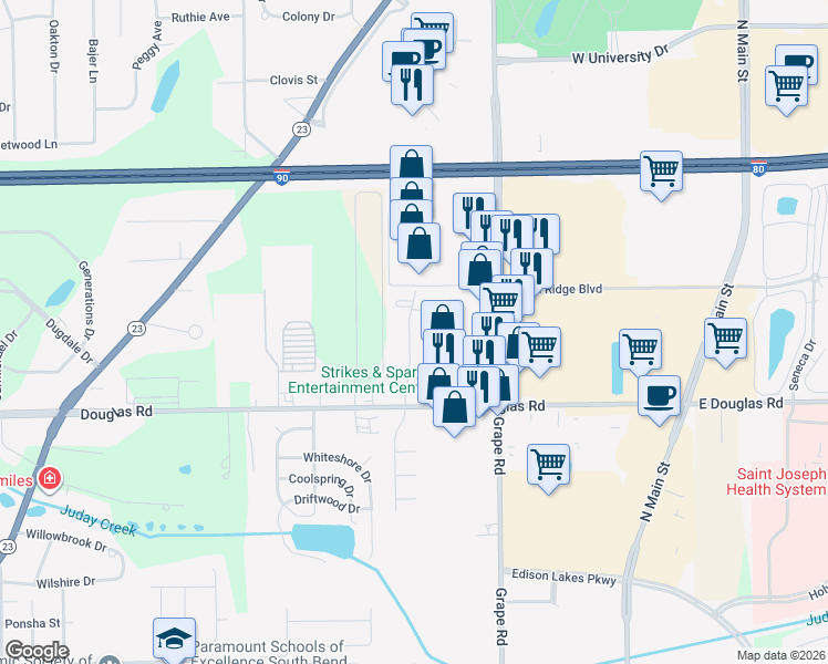 map of restaurants, bars, coffee shops, grocery stores, and more near 5621 University Park Drive in Mishawaka