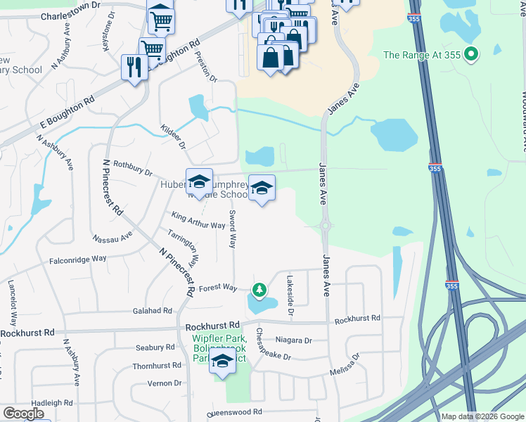 map of restaurants, bars, coffee shops, grocery stores, and more near 777 Falconridge Way in Bolingbrook