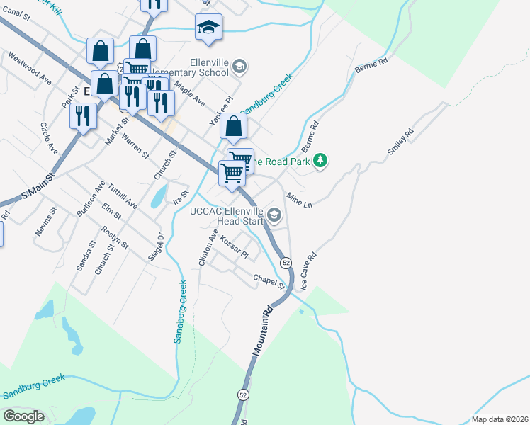 map of restaurants, bars, coffee shops, grocery stores, and more near 162 Center Street in Ellenville