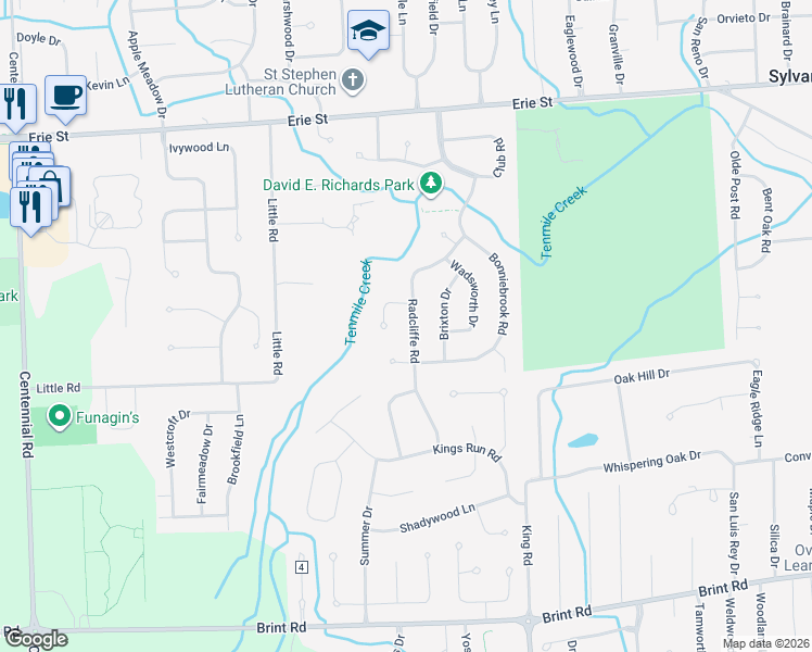 map of restaurants, bars, coffee shops, grocery stores, and more near 5455 Radcliffe Road in Sylvania