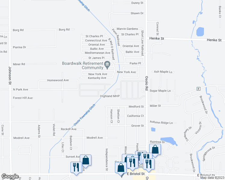 map of restaurants, bars, coffee shops, grocery stores, and more near 1901 Osolo Road in Elkhart