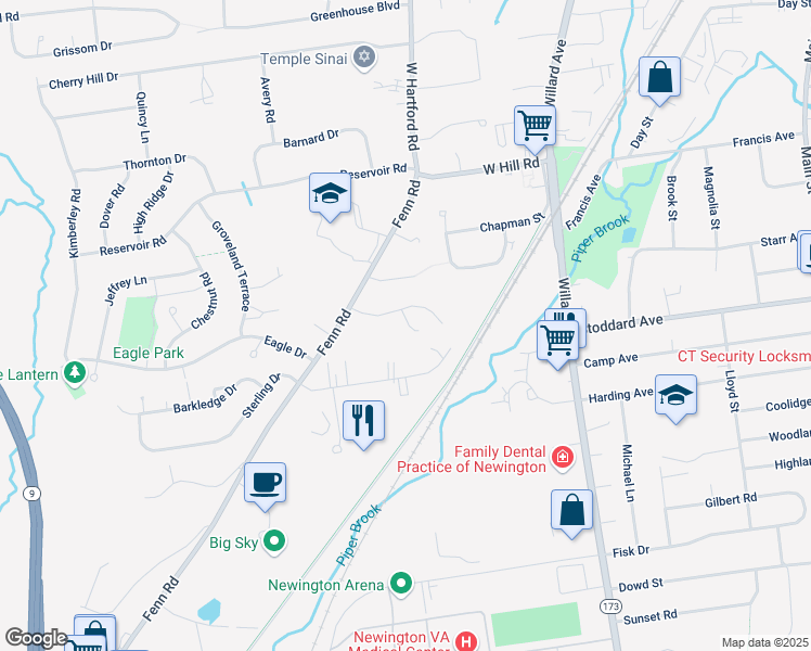 map of restaurants, bars, coffee shops, grocery stores, and more near 18 Dacosta Drive in Newington