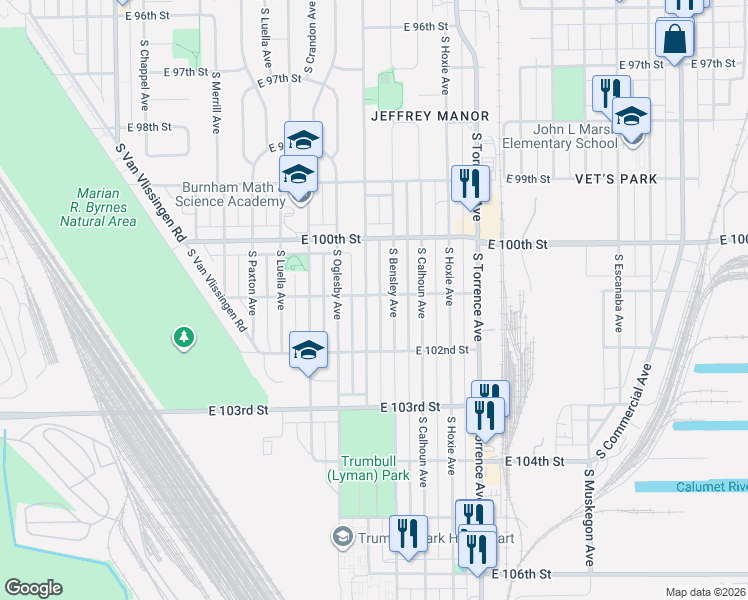map of restaurants, bars, coffee shops, grocery stores, and more near 10055 South Yates Boulevard in Chicago