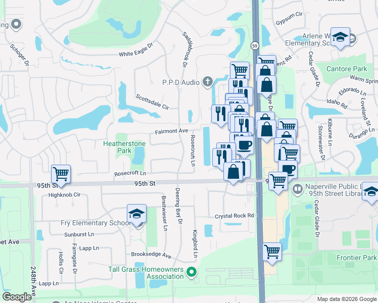 map of restaurants, bars, coffee shops, grocery stores, and more near 3320 Rosecroft Lane in Naperville