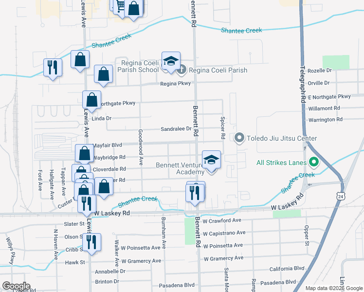 map of restaurants, bars, coffee shops, grocery stores, and more near 531 Mayfair Boulevard in Toledo