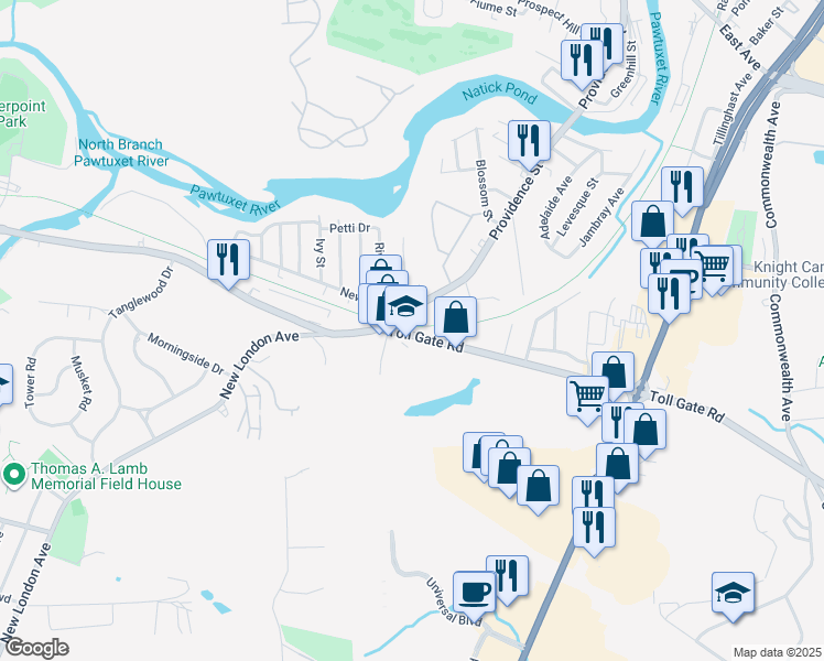 map of restaurants, bars, coffee shops, grocery stores, and more near 1099 Toll Gate Road in Warwick