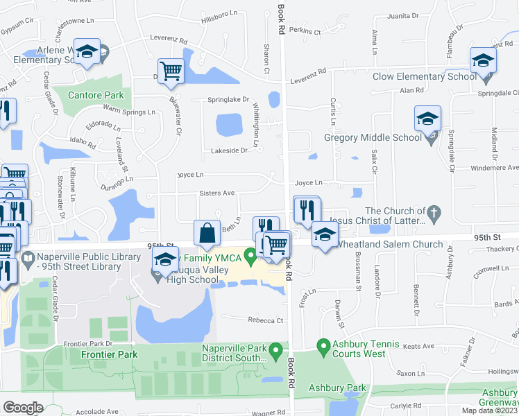 map of restaurants, bars, coffee shops, grocery stores, and more near 2039 Tamahawk Lane in Naperville