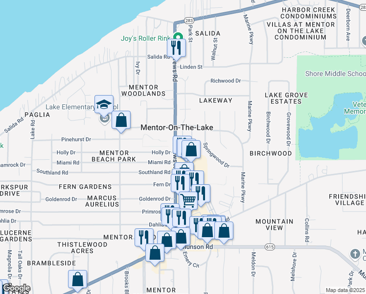 map of restaurants, bars, coffee shops, grocery stores, and more near 5885 Buckeye Lane in Mentor-on-the-Lake
