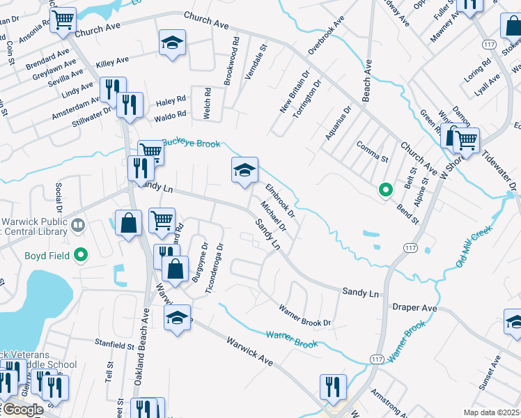 map of restaurants, bars, coffee shops, grocery stores, and more near 93 Michael Drive in Warwick