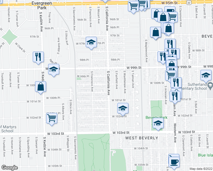 map of restaurants, bars, coffee shops, grocery stores, and more near 10000 South California Avenue in Evergreen Park