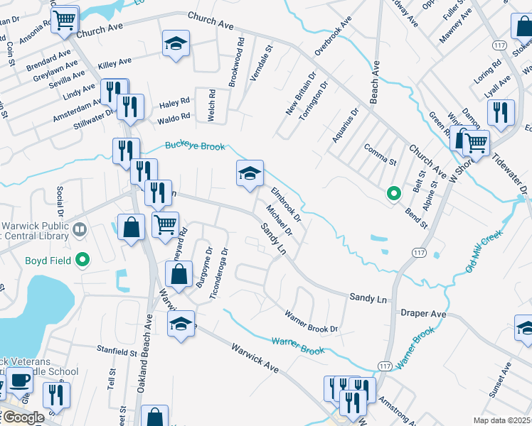 map of restaurants, bars, coffee shops, grocery stores, and more near 93 Michael Drive in Warwick