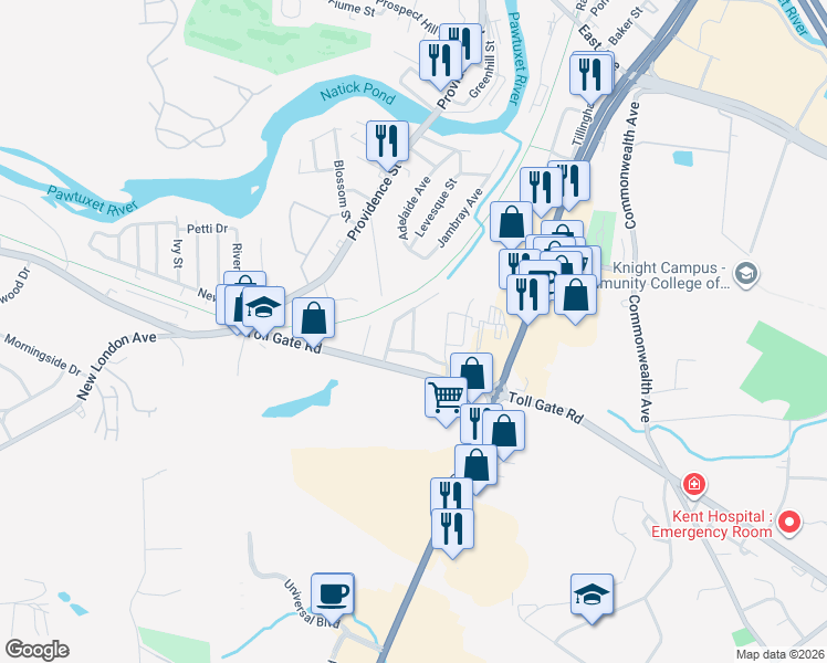 map of restaurants, bars, coffee shops, grocery stores, and more near 9 Senior City Street in Warwick