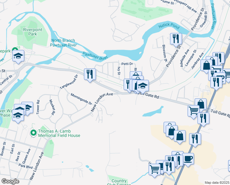 map of restaurants, bars, coffee shops, grocery stores, and more near 328 Providence Street in West Warwick