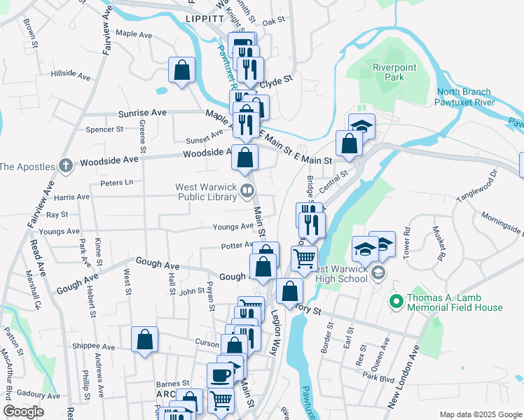 map of restaurants, bars, coffee shops, grocery stores, and more near 1048 Main Street in West Warwick