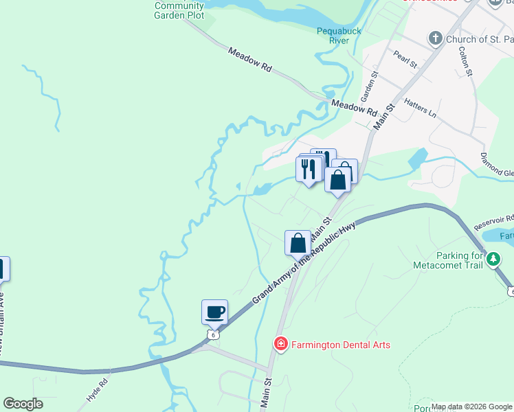map of restaurants, bars, coffee shops, grocery stores, and more near 134 Wellington Drive in Farmington