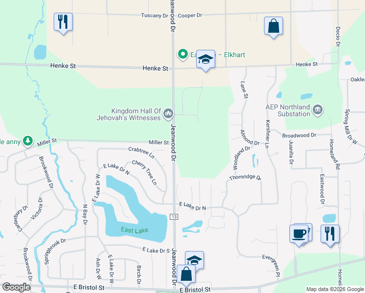 map of restaurants, bars, coffee shops, grocery stores, and more near 1900 Jeanwood Dr in Elkhart
