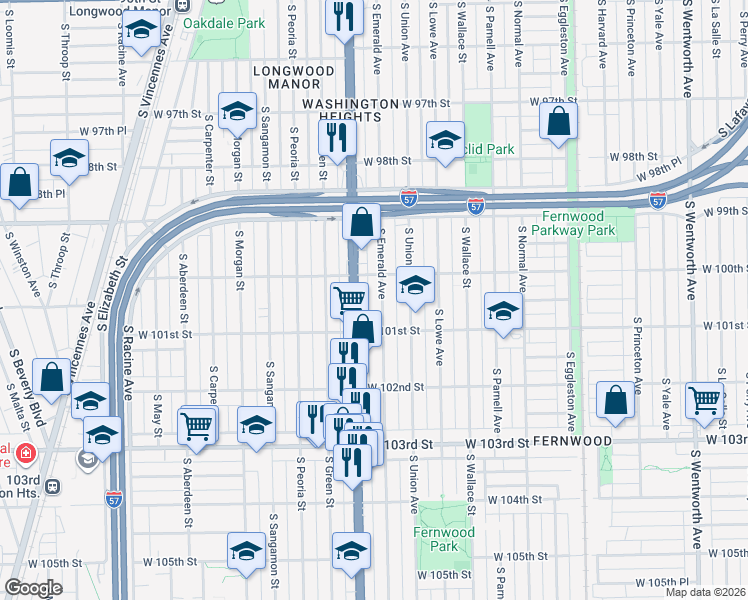 map of restaurants, bars, coffee shops, grocery stores, and more near 10010 South Emerald Avenue in Chicago