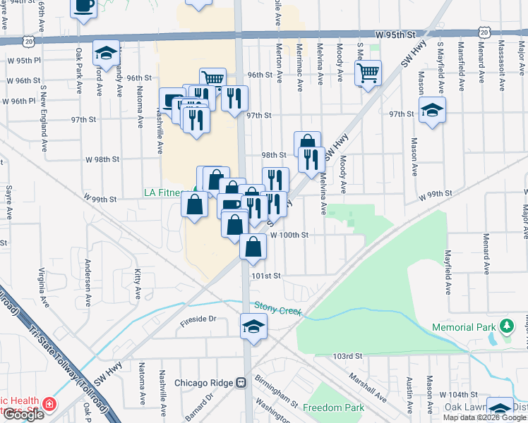map of restaurants, bars, coffee shops, grocery stores, and more near 6321 West 99th Street in Oak Lawn