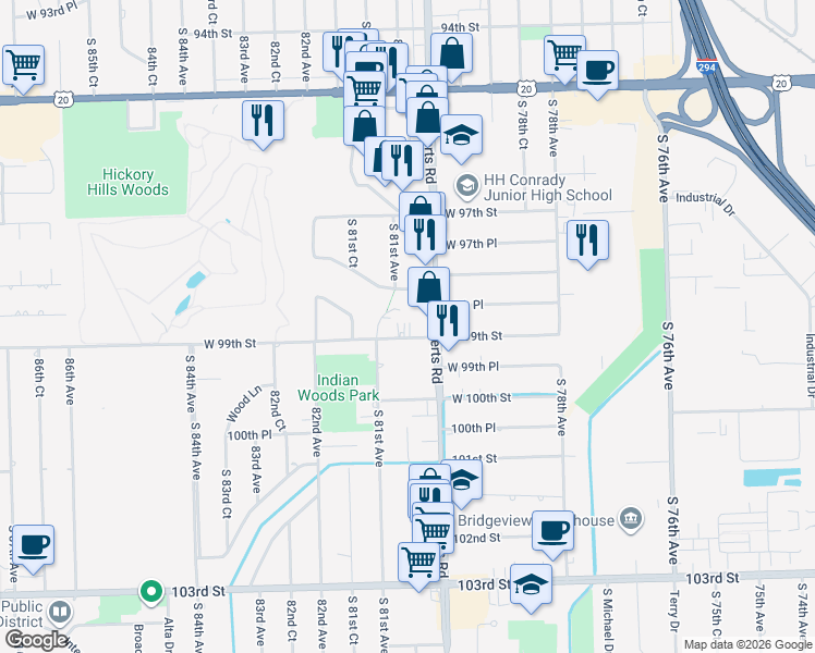 map of restaurants, bars, coffee shops, grocery stores, and more near 9851 South 81st Avenue in Palos Hills