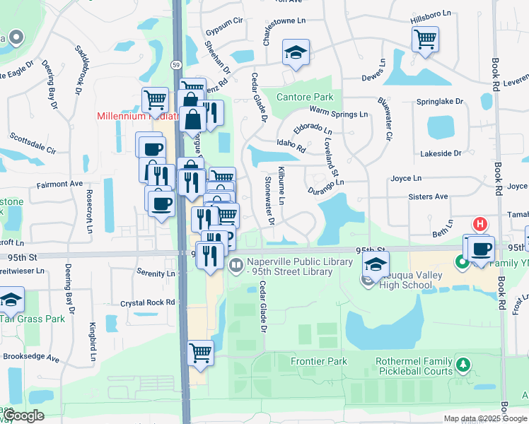 map of restaurants, bars, coffee shops, grocery stores, and more near 2906 Cedar Glade Drive in Naperville