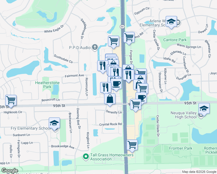 map of restaurants, bars, coffee shops, grocery stores, and more near 139 Showplace Drive in Naperville
