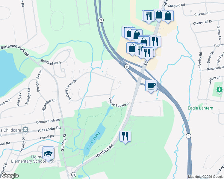 map of restaurants, bars, coffee shops, grocery stores, and more near Village Square Road in New Britain