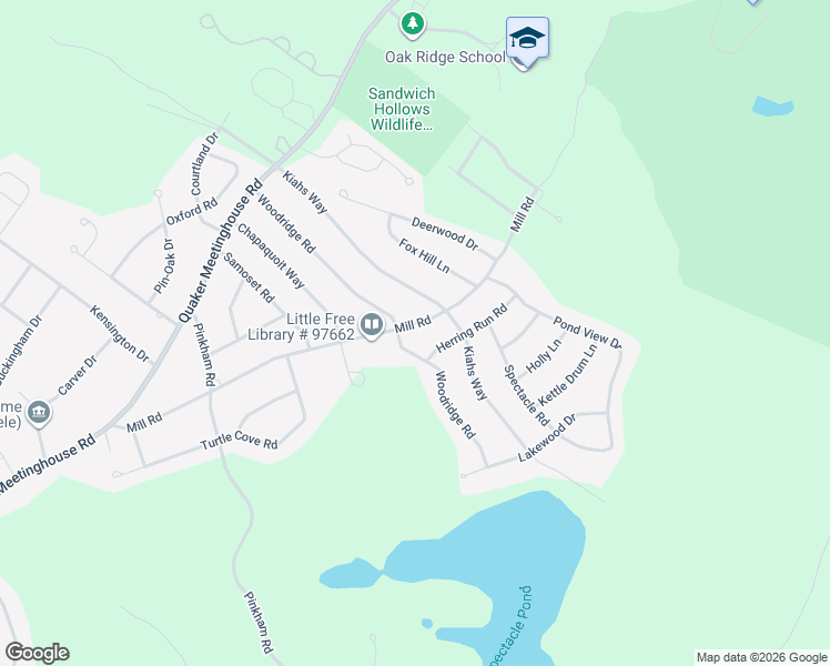 map of restaurants, bars, coffee shops, grocery stores, and more near 52 Mill Road in Sandwich