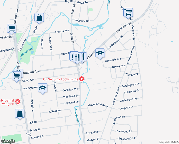 map of restaurants, bars, coffee shops, grocery stores, and more near 326 Main Street in Newington