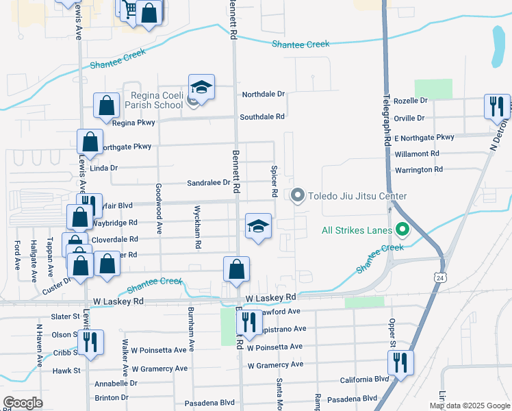 map of restaurants, bars, coffee shops, grocery stores, and more near 433 Mayfair Boulevard in Toledo