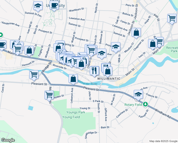 map of restaurants, bars, coffee shops, grocery stores, and more near 679 Main Street in Windham