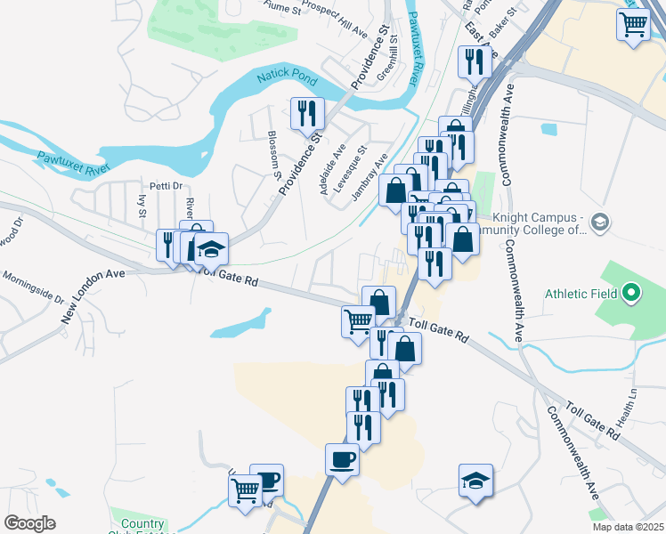 map of restaurants, bars, coffee shops, grocery stores, and more near 9 Senior City Street in Warwick