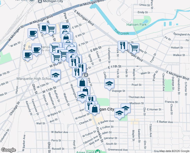 map of restaurants, bars, coffee shops, grocery stores, and more near 219-221 East 11th Street in Michigan City