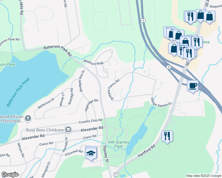 map of restaurants, bars, coffee shops, grocery stores, and more near 135 Brittany Farms Road in New Britain