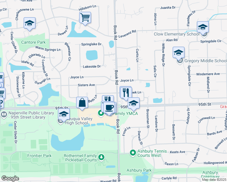 map of restaurants, bars, coffee shops, grocery stores, and more near 1951 Tamahawk Lane in Naperville