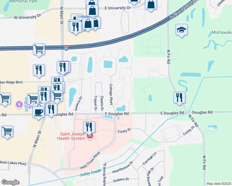 map of restaurants, bars, coffee shops, grocery stores, and more near 5710 Mellon Court in Granger