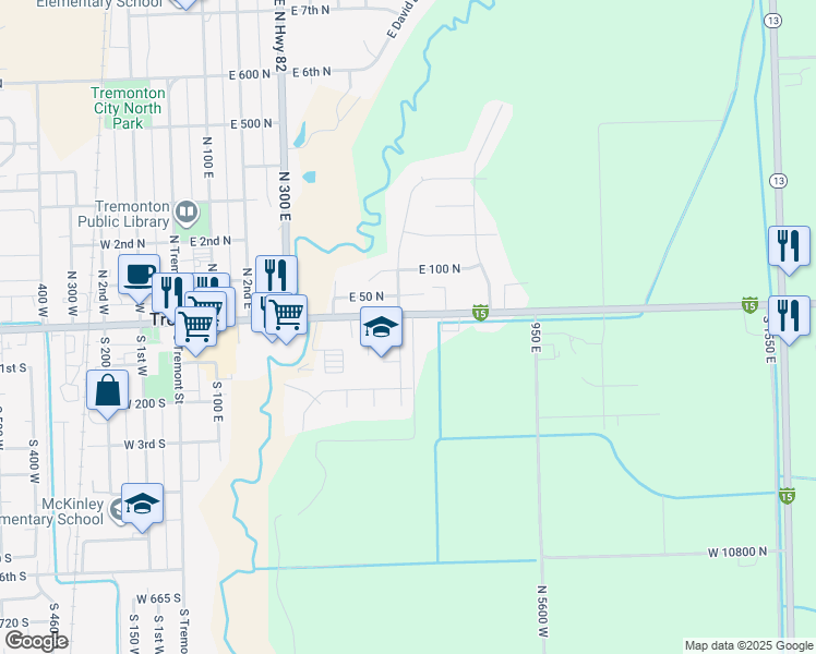 map of restaurants, bars, coffee shops, grocery stores, and more near 21 Amber Avenue in Tremonton