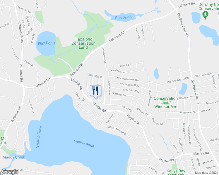 map of restaurants, bars, coffee shops, grocery stores, and more near 32 Graces Way in Dennis