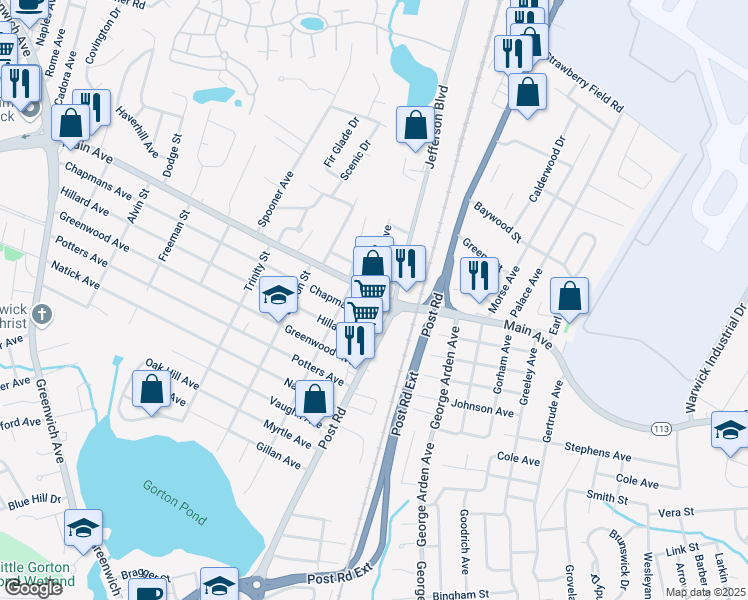 map of restaurants, bars, coffee shops, grocery stores, and more near 782 Main Avenue in Warwick