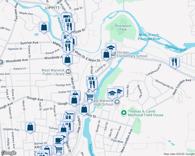 map of restaurants, bars, coffee shops, grocery stores, and more near 83 Providence Street in West Warwick
