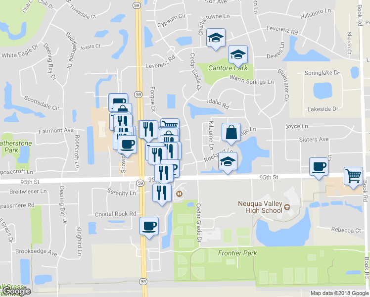 map of restaurants, bars, coffee shops, grocery stores, and more near 2809 Wheatland Court in Naperville