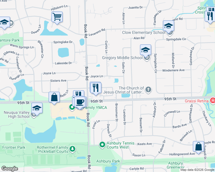 map of restaurants, bars, coffee shops, grocery stores, and more near 1855 Tamahawk Lane in Naperville