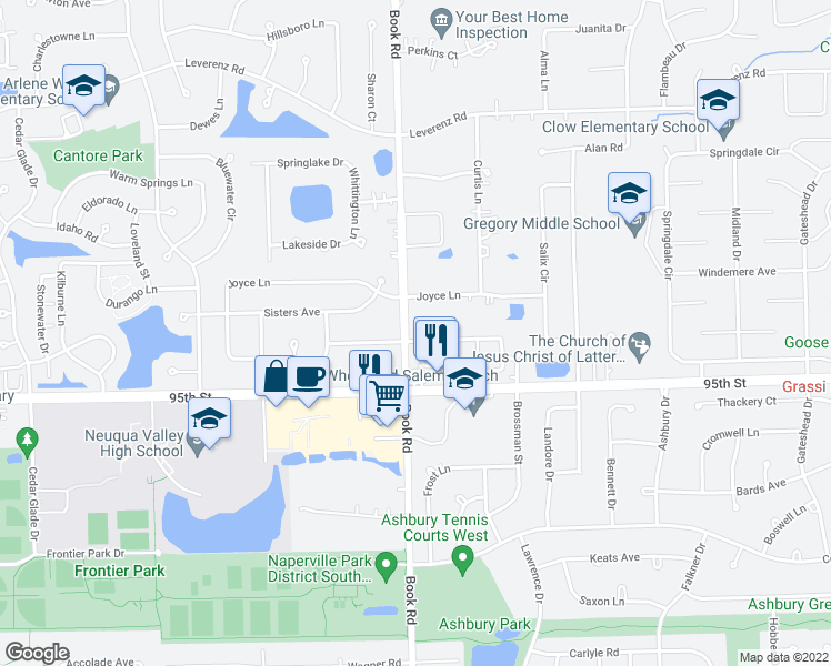 map of restaurants, bars, coffee shops, grocery stores, and more near 1951 Tamahawk Lane in Naperville