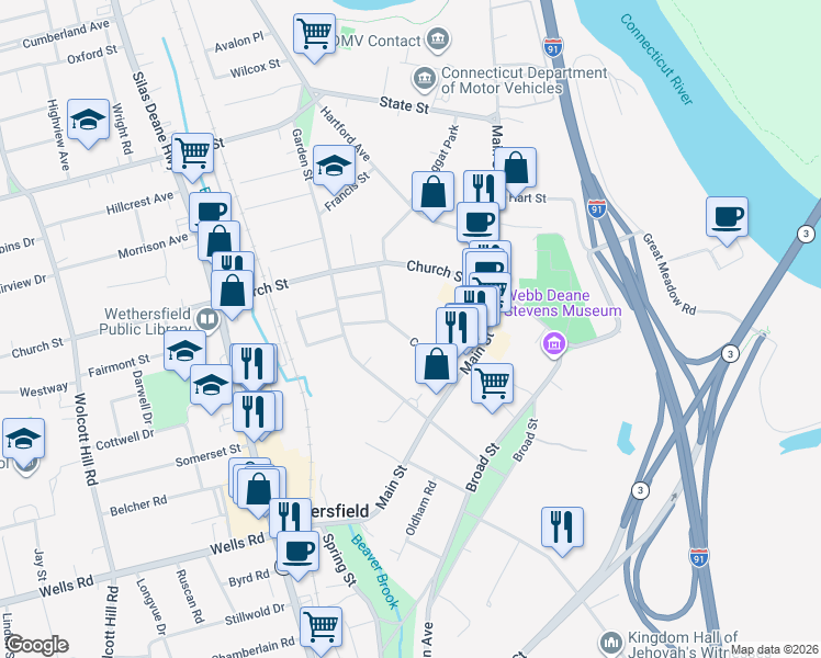 map of restaurants, bars, coffee shops, grocery stores, and more near 50 Center Street in Wethersfield