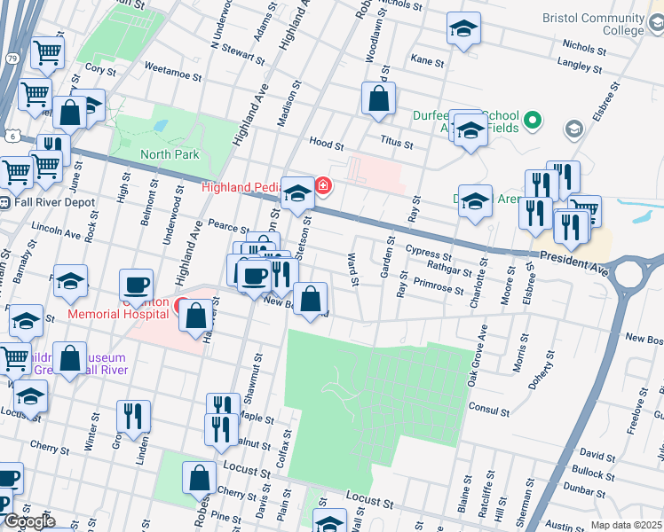 map of restaurants, bars, coffee shops, grocery stores, and more near 931 Pearce Street in Fall River