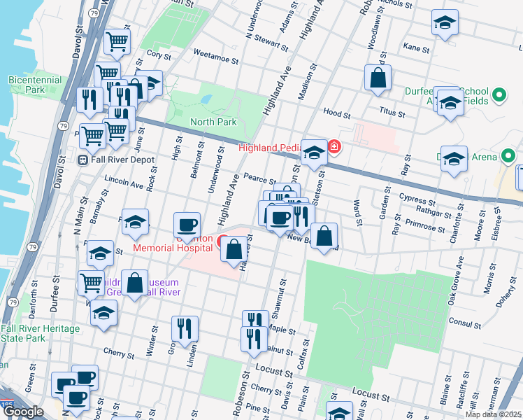 map of restaurants, bars, coffee shops, grocery stores, and more near 538 Hanover Street in Fall River