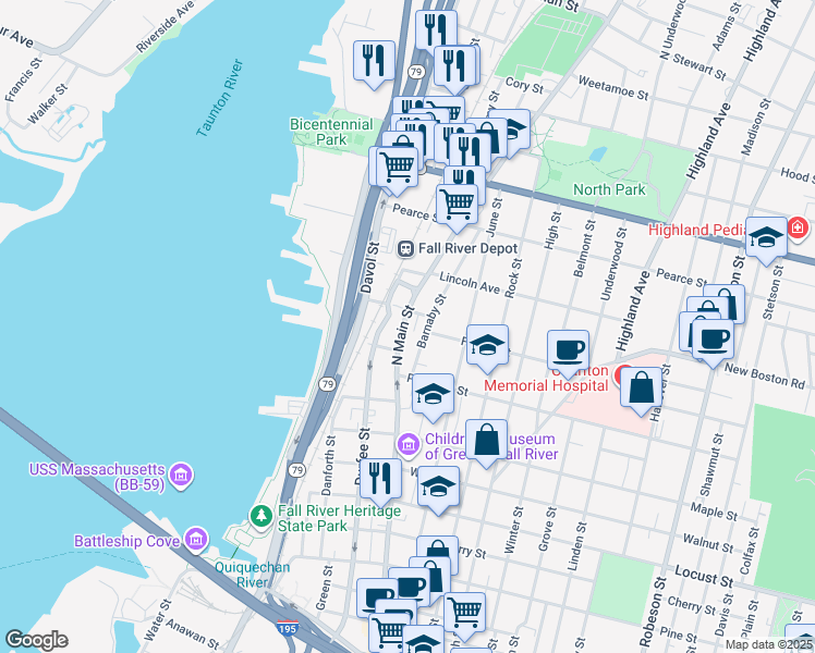 map of restaurants, bars, coffee shops, grocery stores, and more near 735 North Main Street in Fall River