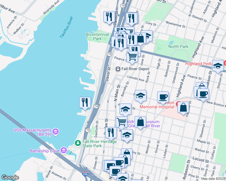 map of restaurants, bars, coffee shops, grocery stores, and more near 609 Davol Street in Fall River
