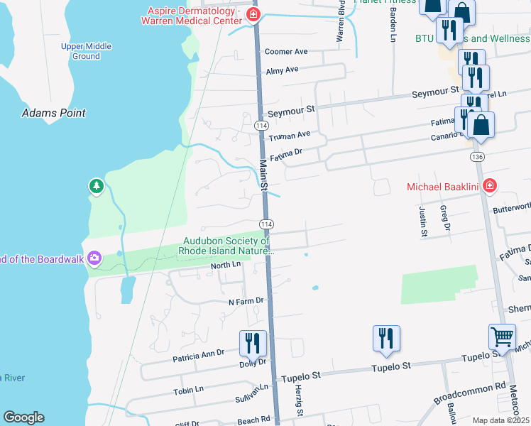 map of restaurants, bars, coffee shops, grocery stores, and more near 1082 Main Street in Warren
